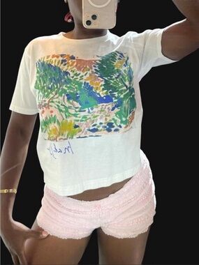 White Cotton Abstract Landscape Graphic T-Shirt Women’s Size S
